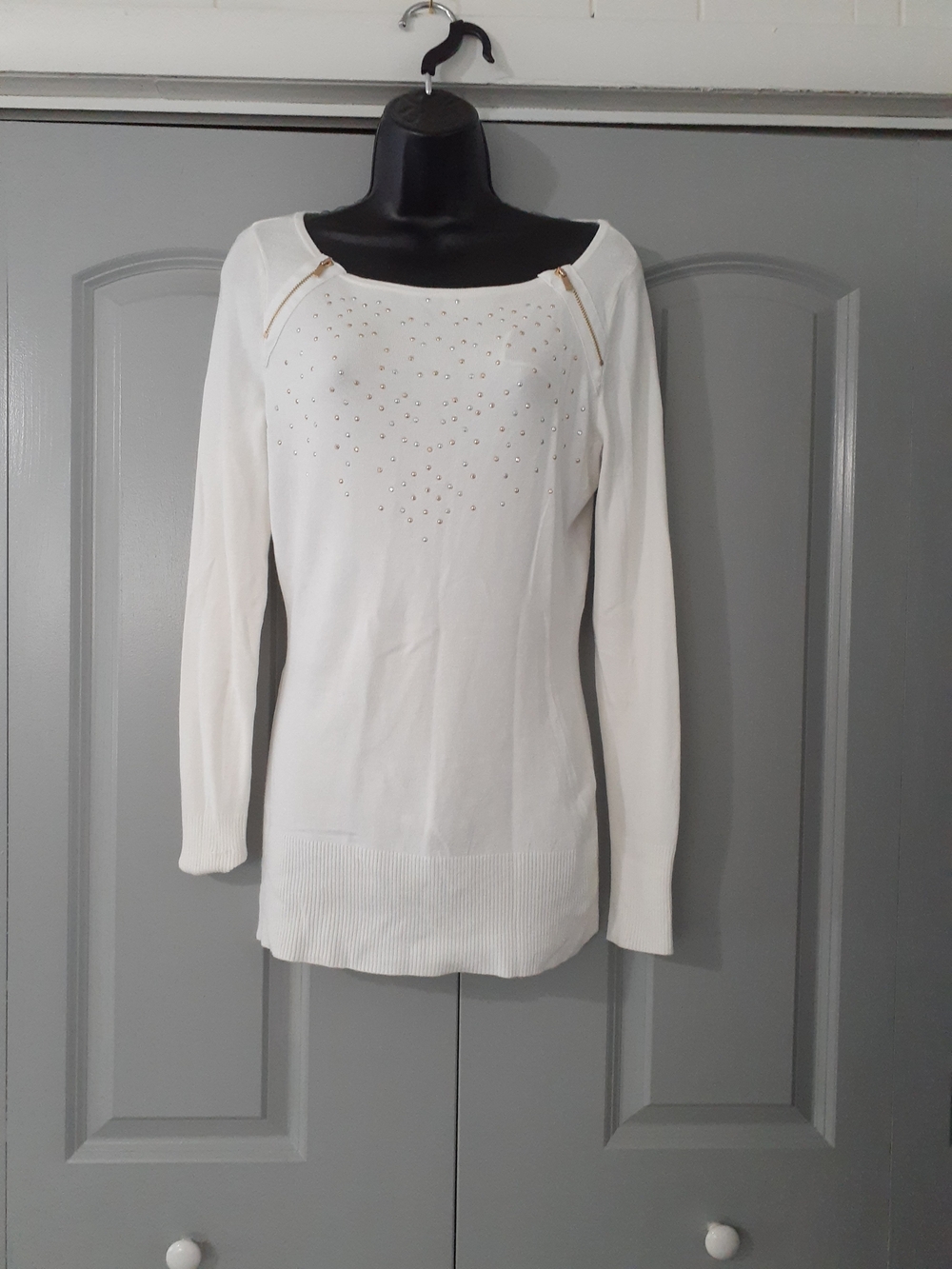 Cache White Long-Sleeve Studded Boatneck Sweater
